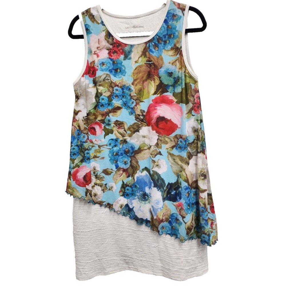 Laura Hlavac Womens Dress Medium White Floral‎ Overlay Sleeveless Cottage Casual